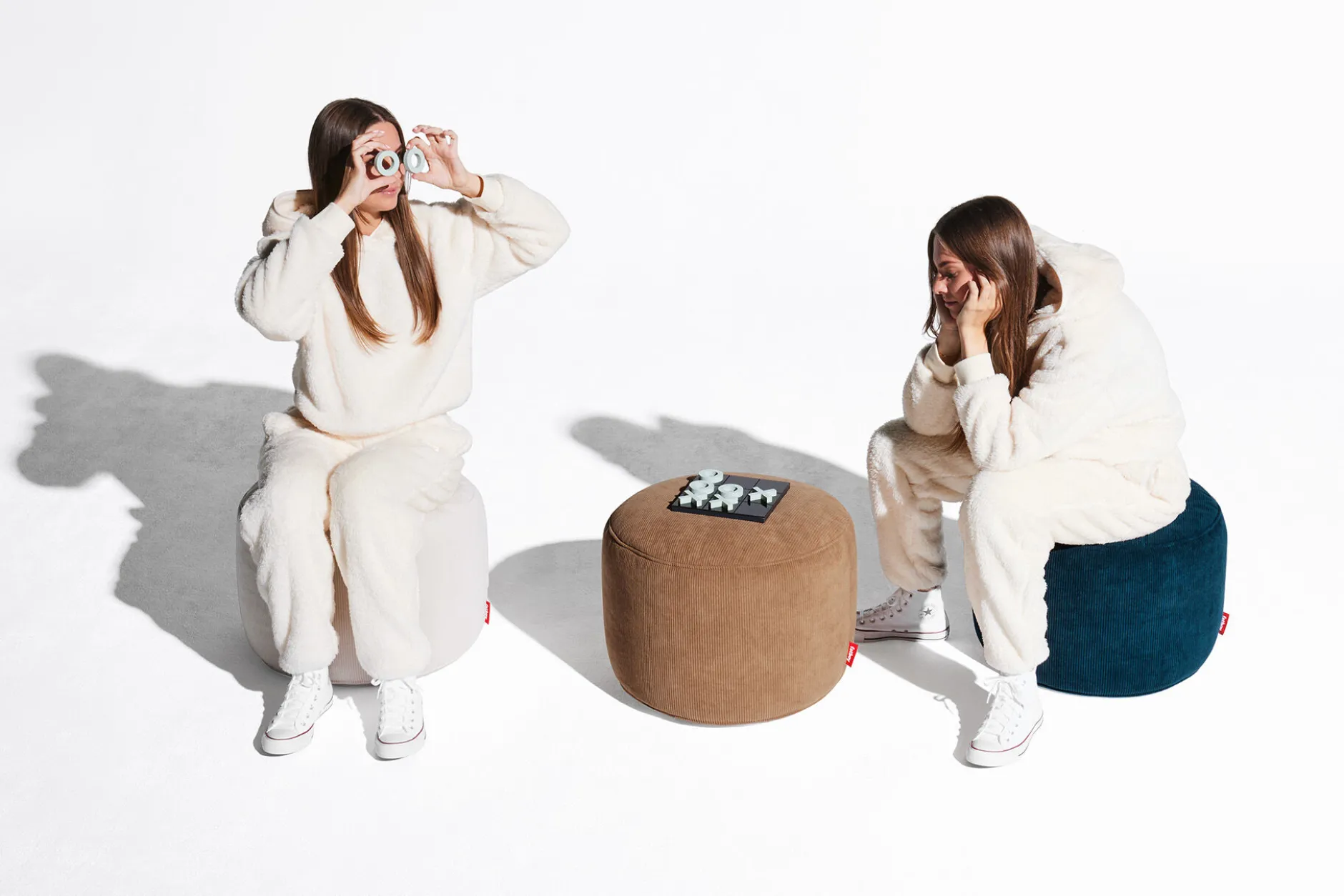 Point Cord Pouf aus Cord, beige, 50x50x35 cm